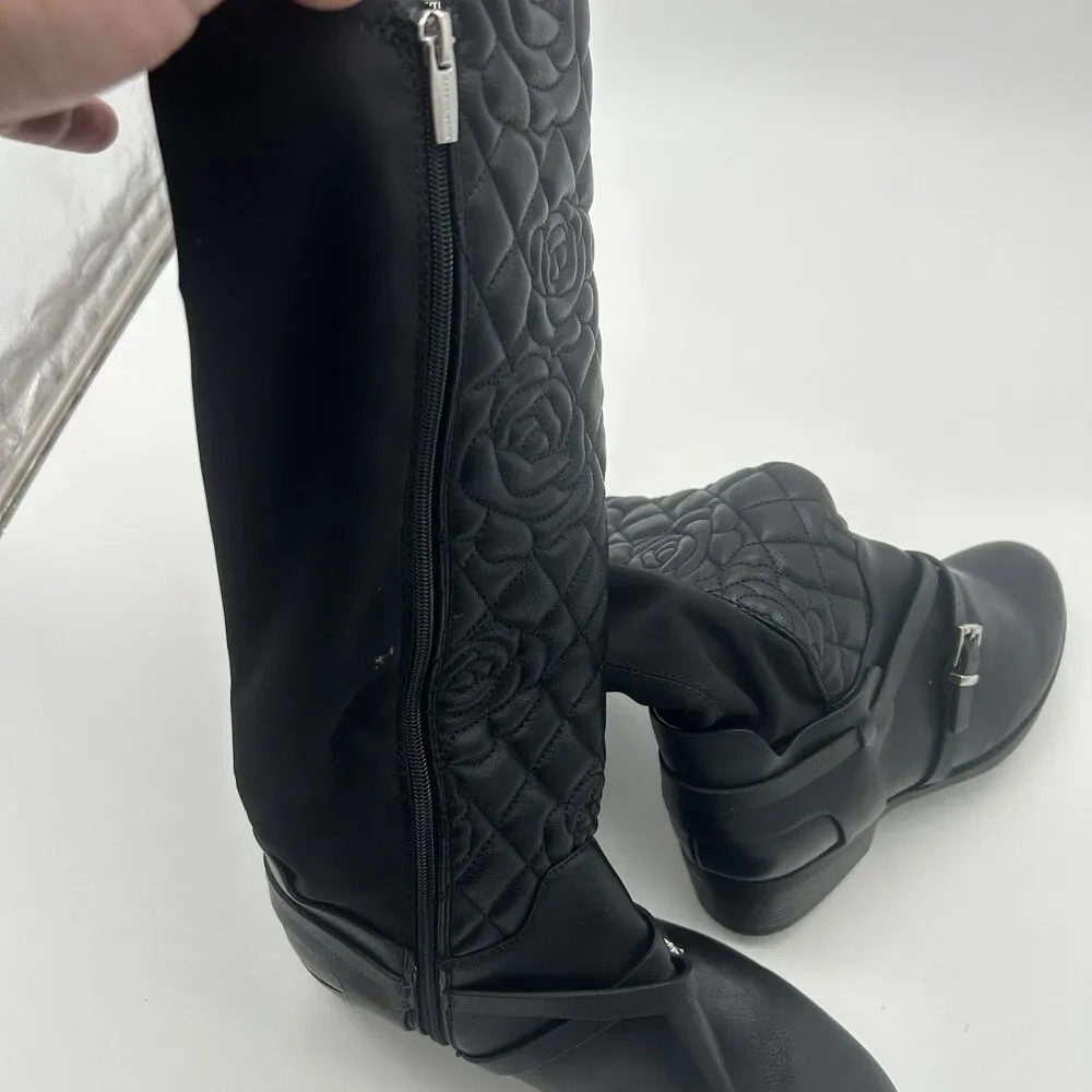 Vince Camuto Girls Black Quilted Floral Knee High Boots Buckle Size 3 Preowned